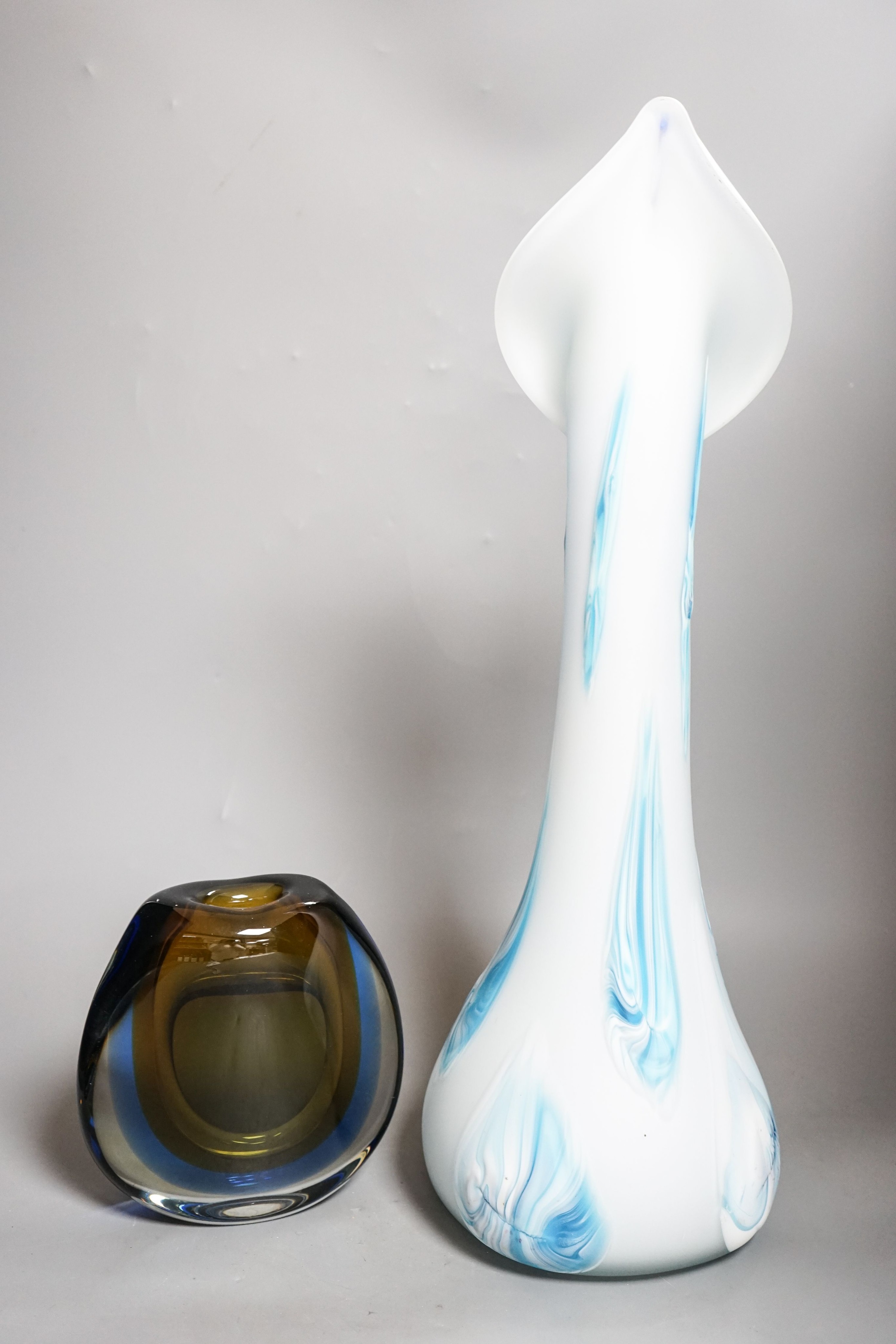 A Murano Seguso style cased glass vase and a modern tall art glass 53cm